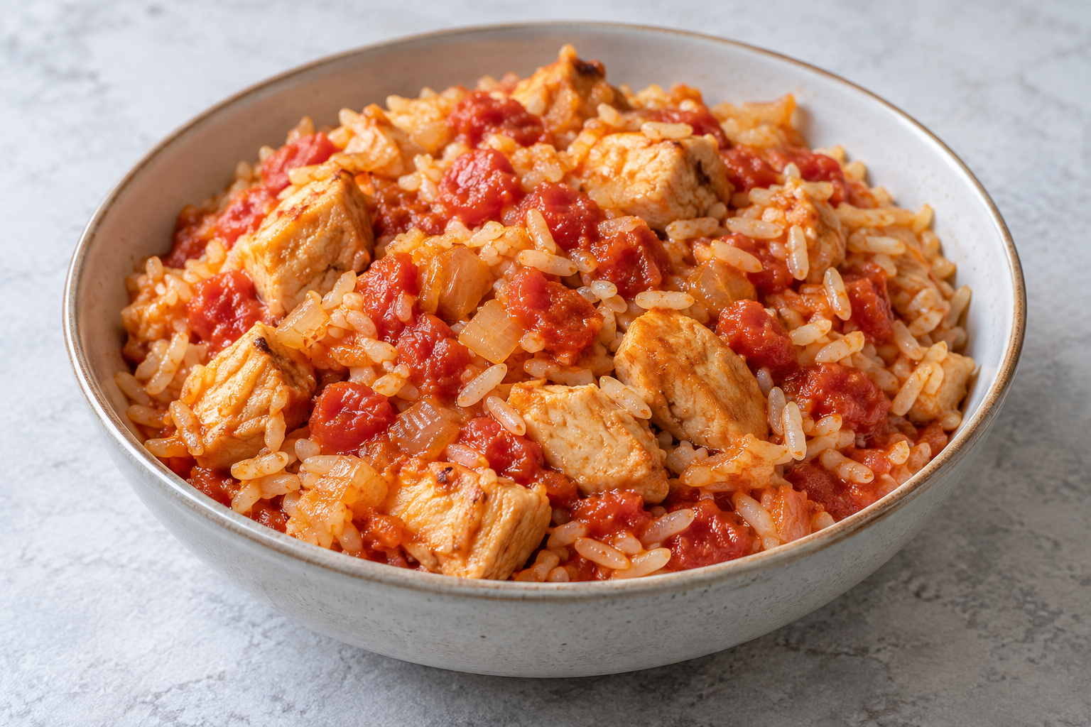 AI serving illustration of tomato chicken and rice